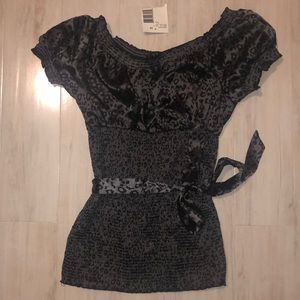 Guess Black and Grey Silk- Short Sleeve Blouse